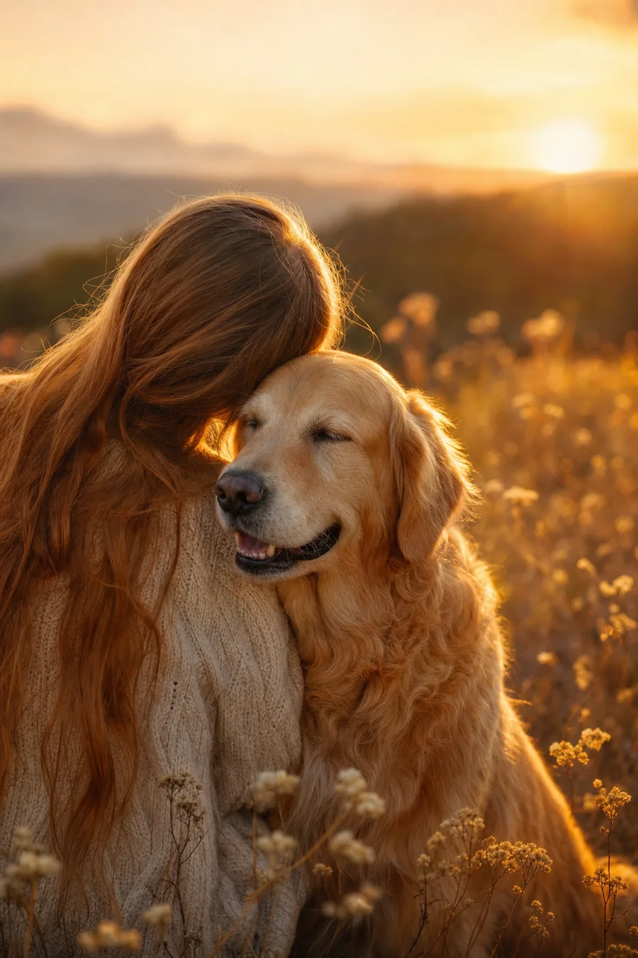 A woman at peace, hugging her golden retriever at sunset after her reading