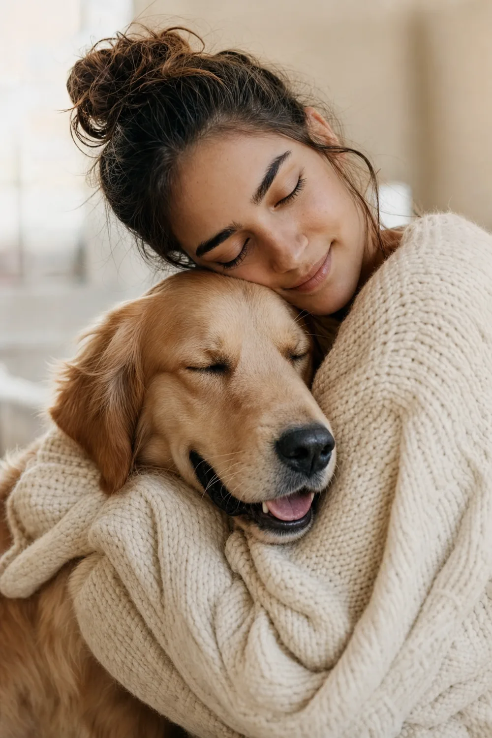 A pet parent lovingly hugging her golden retriever with eyes closed, feeling deeply connected through a pet psychic reading