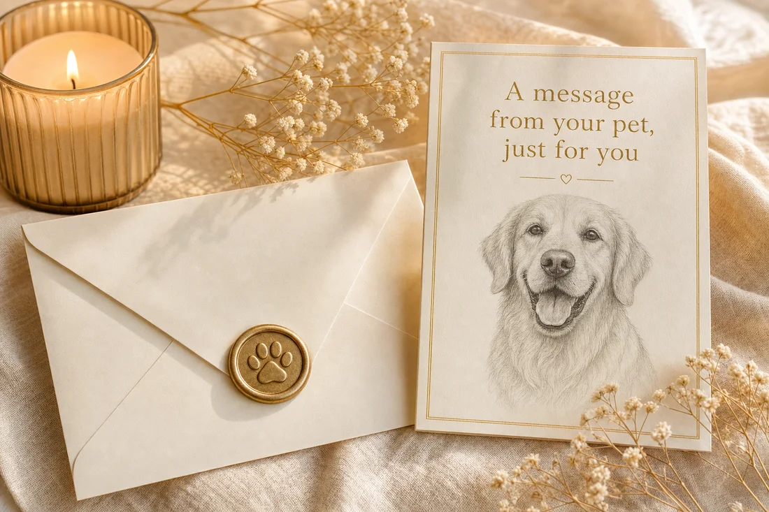 A keepsake pet reading card, envelope and candle