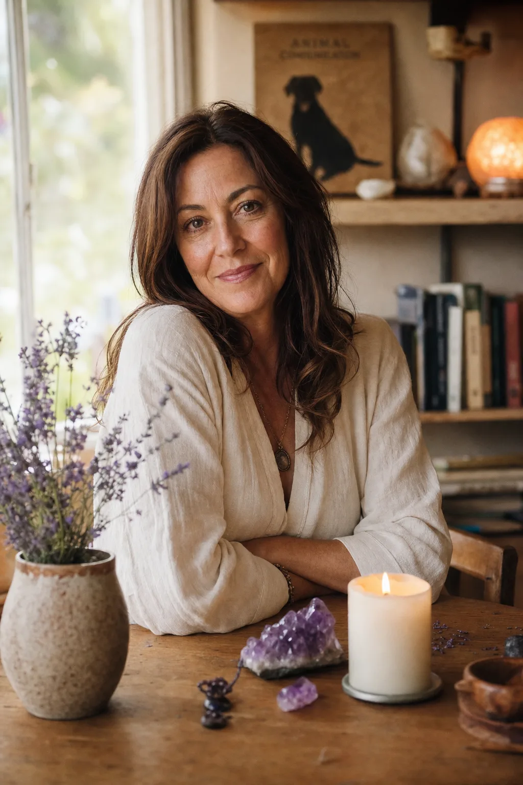 Luna, professional pet psychic and animal communicator, seated at a table with candles, lavender and healing crystals