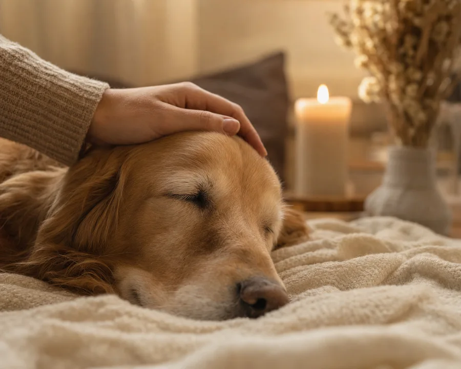 A hand gently resting on a peaceful golden retriever